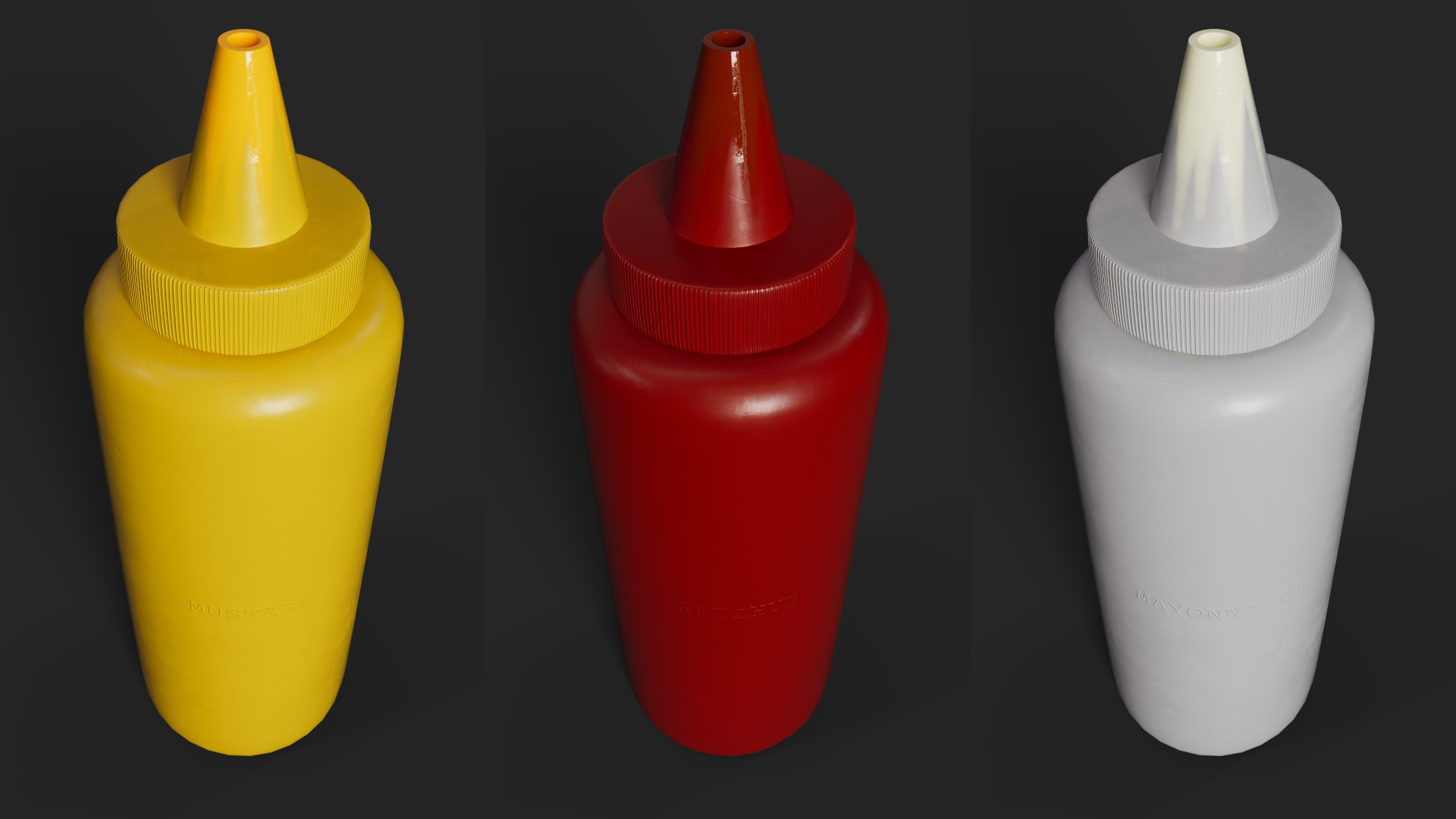 Ketchup - Mayonnaise and Mustard Condiment Bottles Low-poly 3D model_7