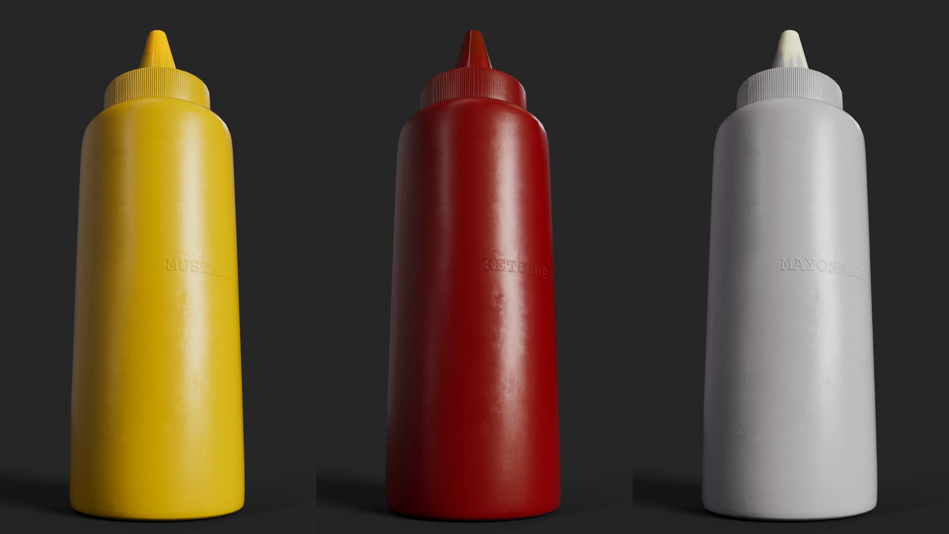 Ketchup - Mayonnaise and Mustard Condiment Bottles Low-poly 3D model_8