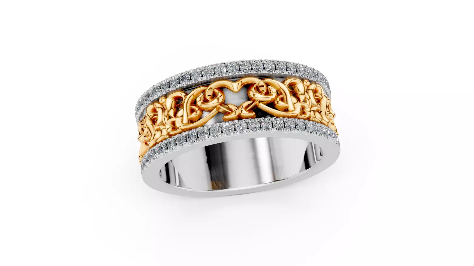 Intricate Gold Heart Scrollwork Ring with Diamond Band STL  File 3D print model_0