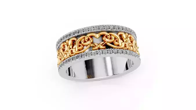 Intricate Gold Heart Scrollwork Ring with Diamond Band STL  File