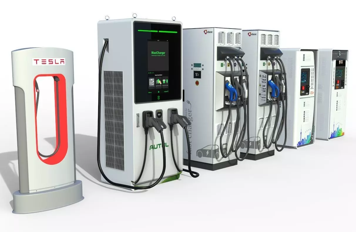 Set of fuel pumps and electric charging point 3D model_0