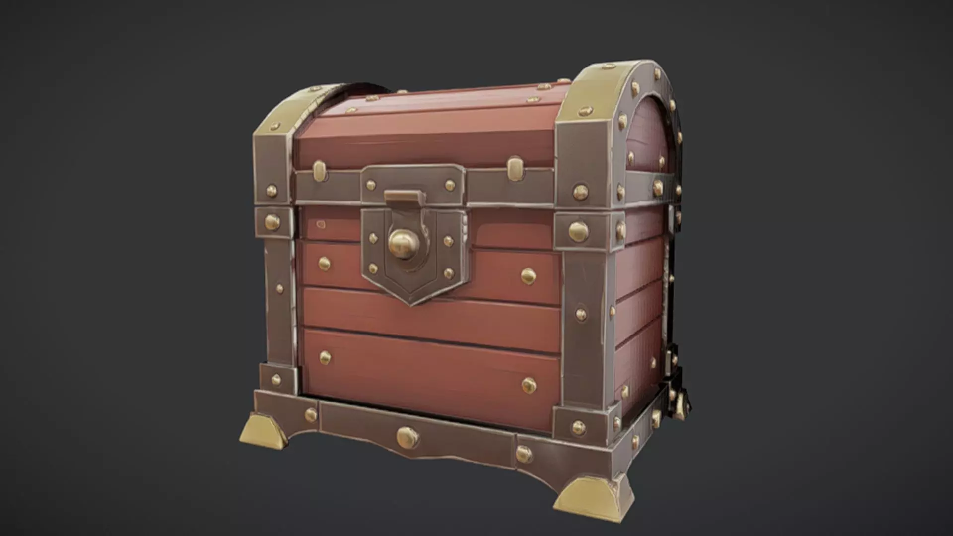 wooden treasure chest with metal bands 3D model_0