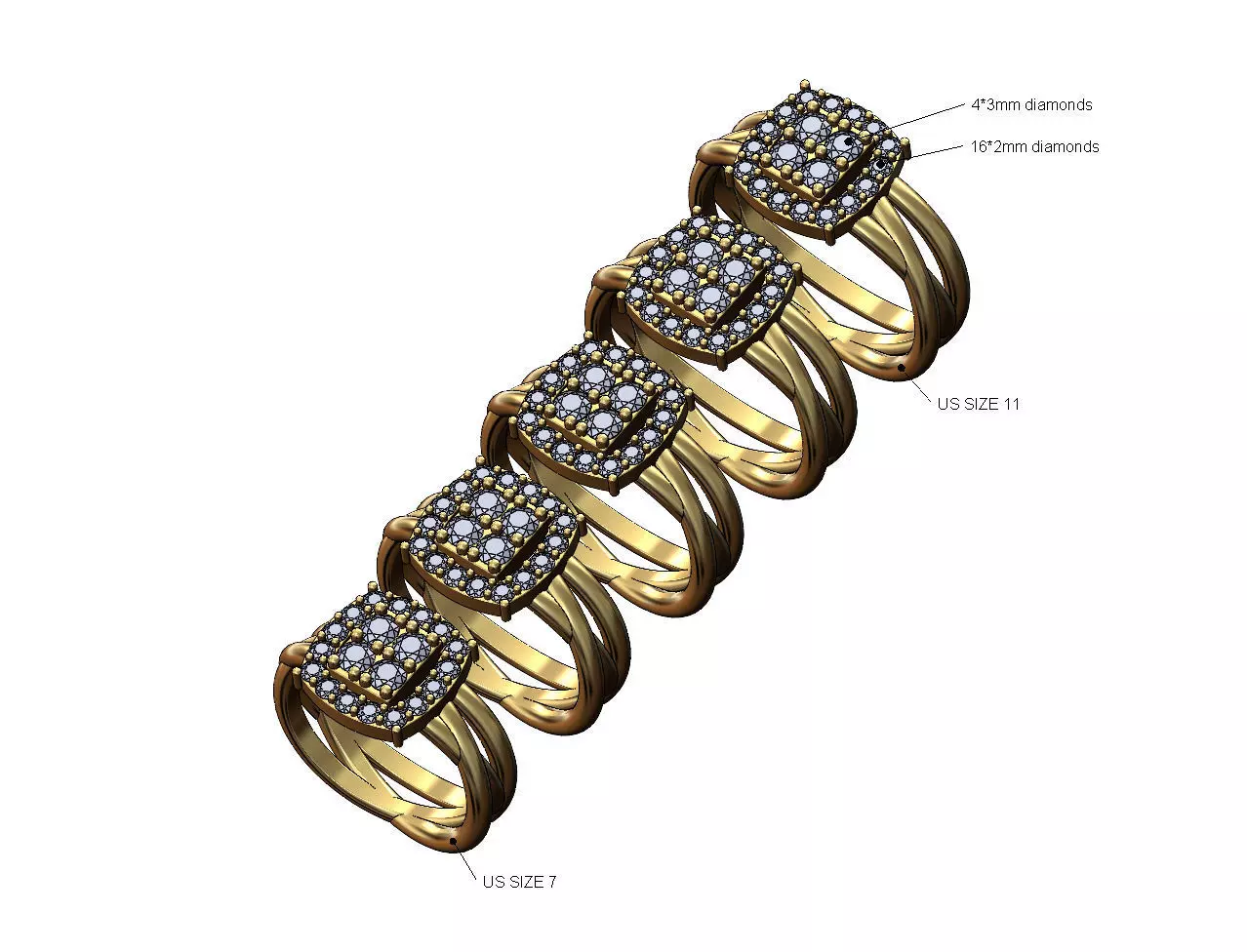 Diamond cluster triple hoop wire ring US sizes 7to11 3D print model_0