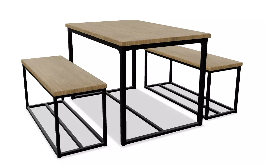 Industrial Style Dining Table with Benches 3D model_0