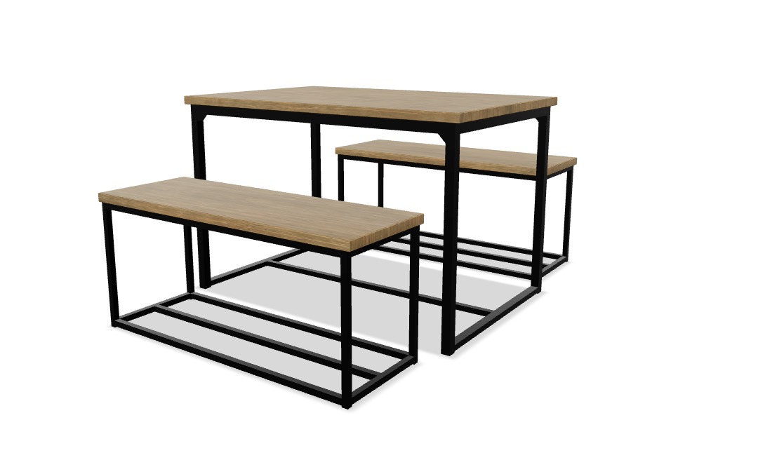 Industrial Style Dining Table with Benches 3D model_2