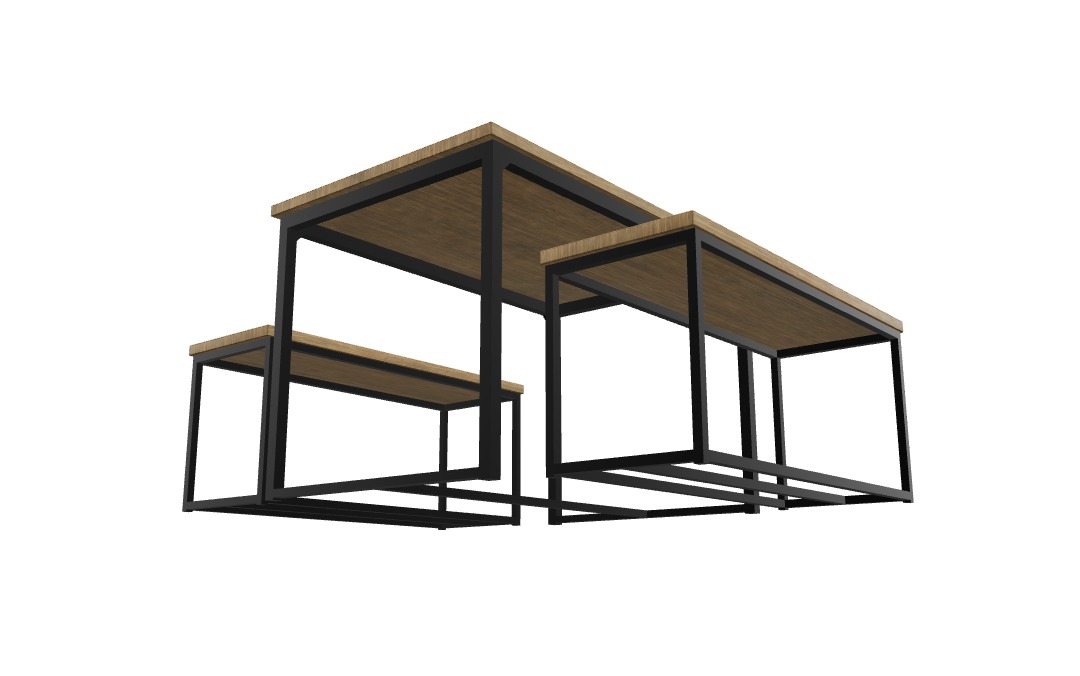 Industrial Style Dining Table with Benches 3D model_3