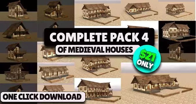 Low Poly Medieval House Pack with Realistic Textures for Games Low-poly 3D model