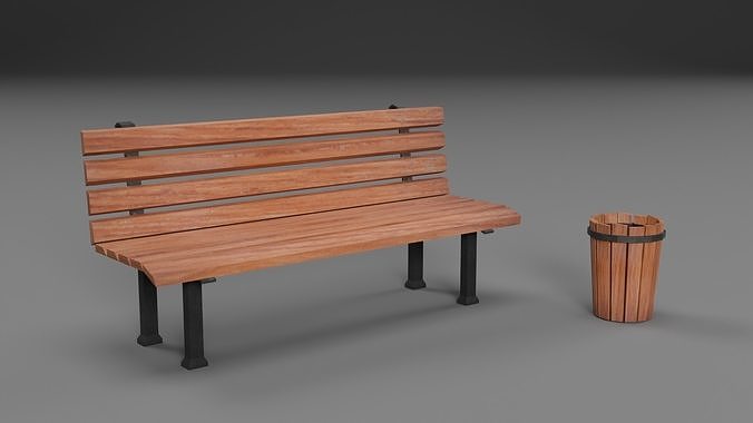 Low Poly Bench and Trash Prop Low-poly 3D model