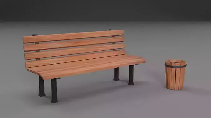 Low Poly Bench and Trash Prop Low-poly 3D model