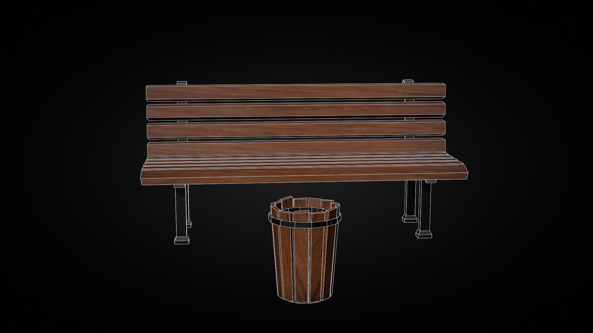 Low Poly Bench and Trash Prop Low-poly 3D model_3
