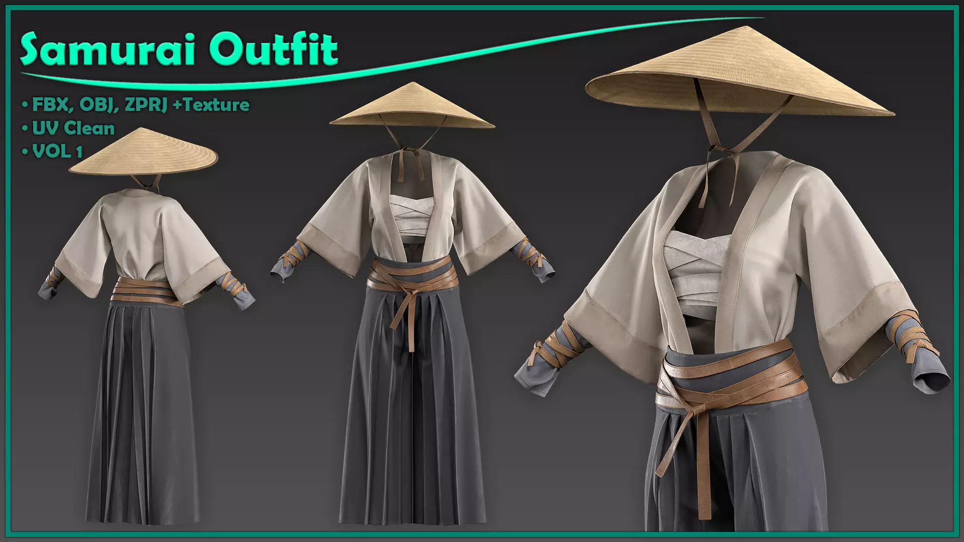 female samurai outfit with texture 3D model_0