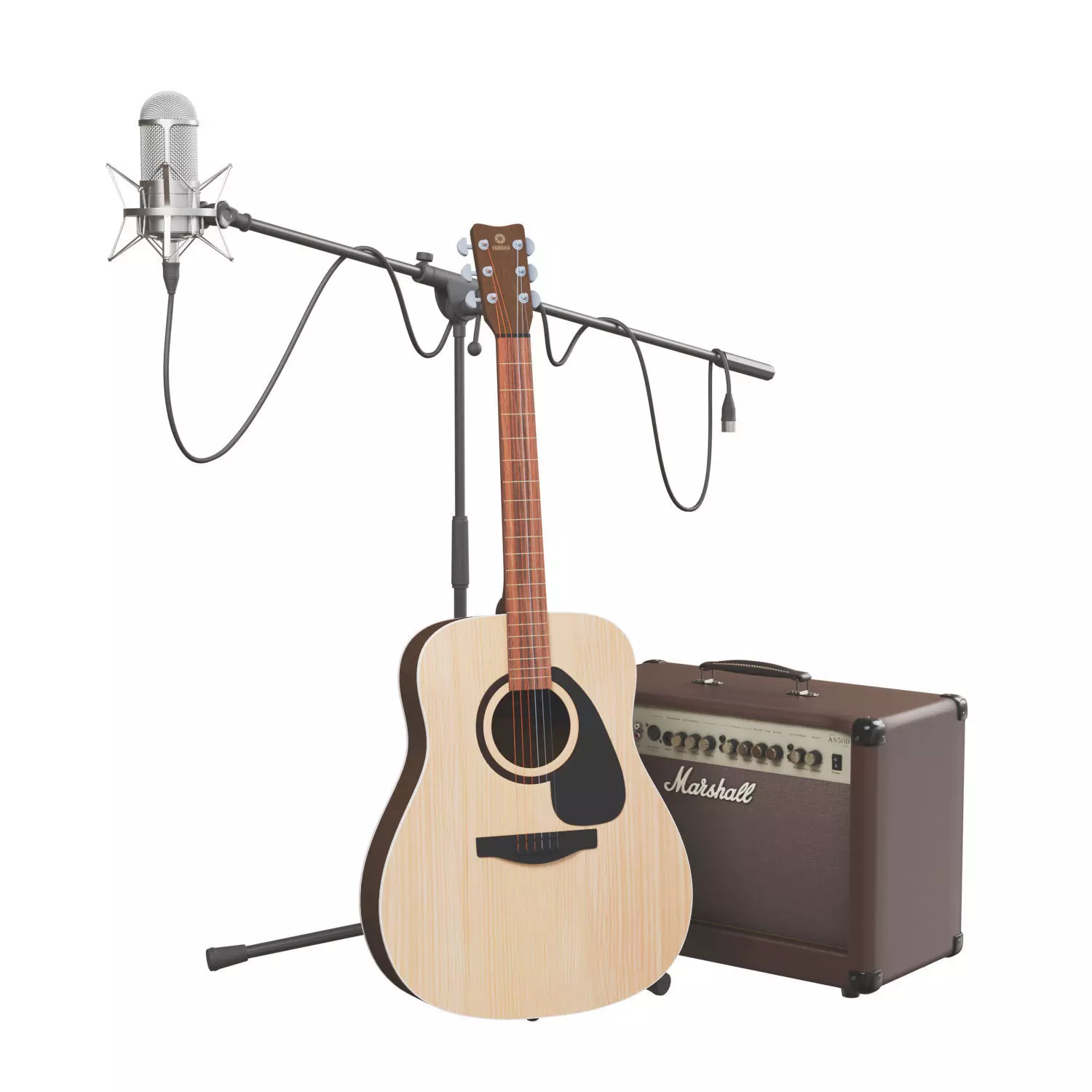 Acoustic Guitar and Combo Marshall  studio microphone on stand 3D model_0