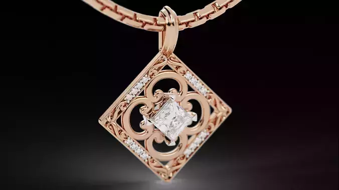Square Princess Cut Solitaire  Diamond Pendant 