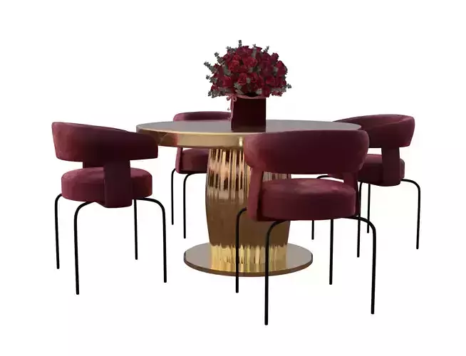 Golden Table and Velvet Chairs 3D model