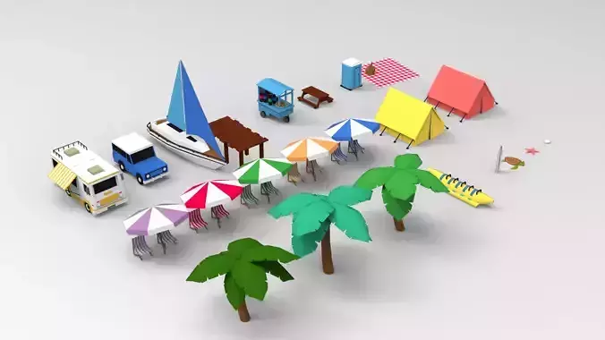 low poly beach props
