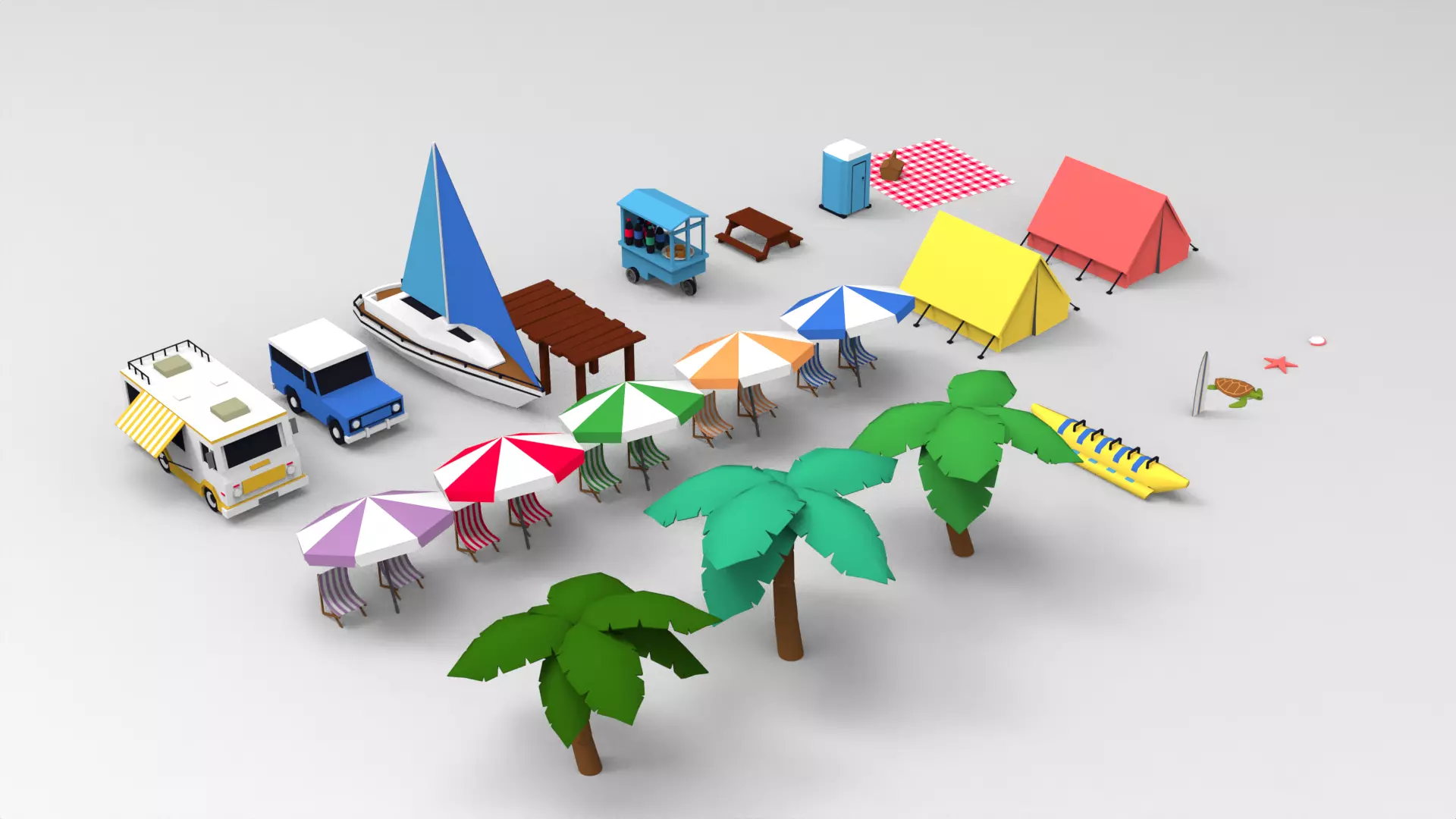 low poly beach props Low-poly 3D model_0