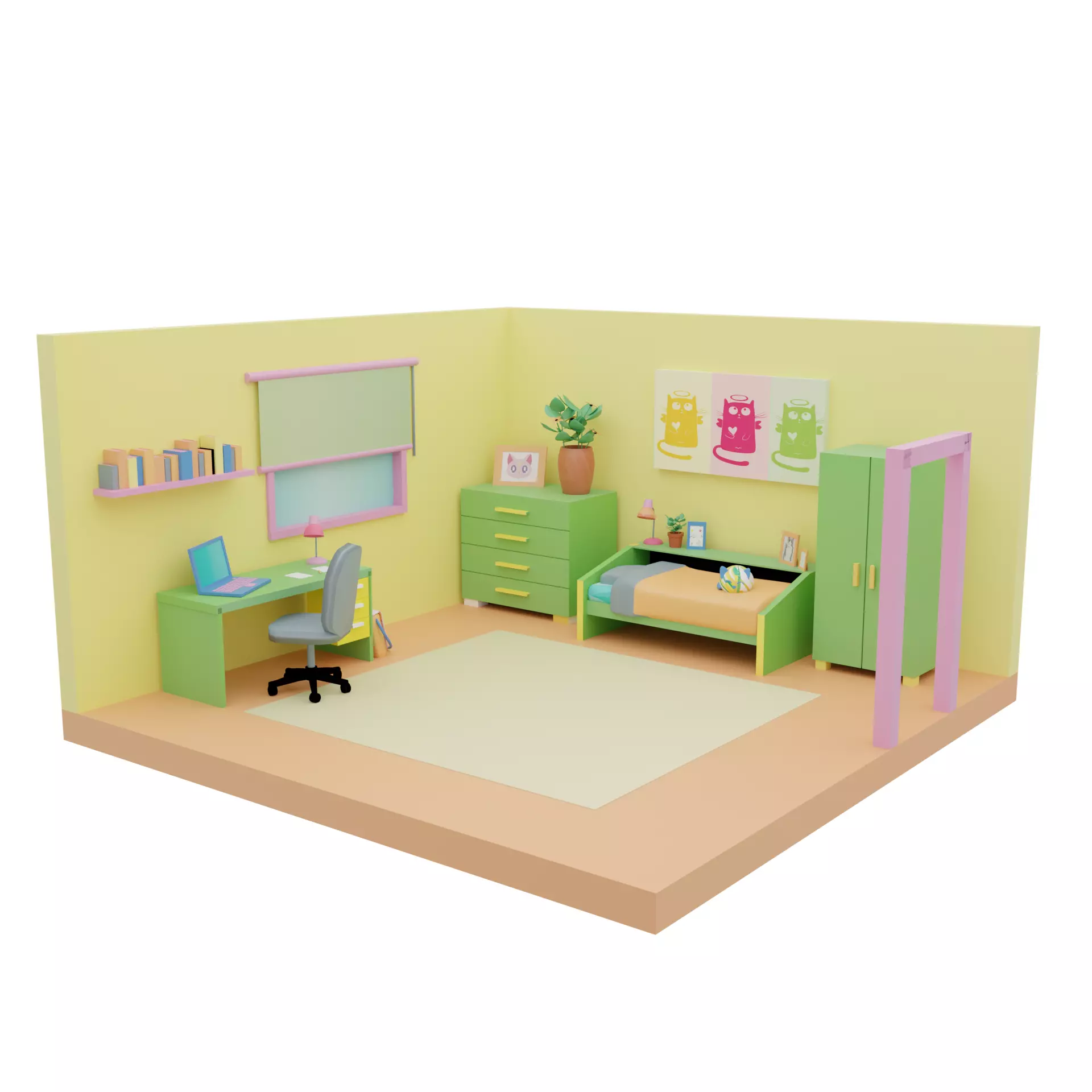 Stylized Isometric Bedroom and Study Room Interior Low-poly 3D model