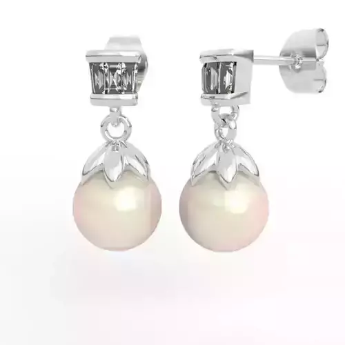 Tapered Baguette Diamond Pearl Earrings
