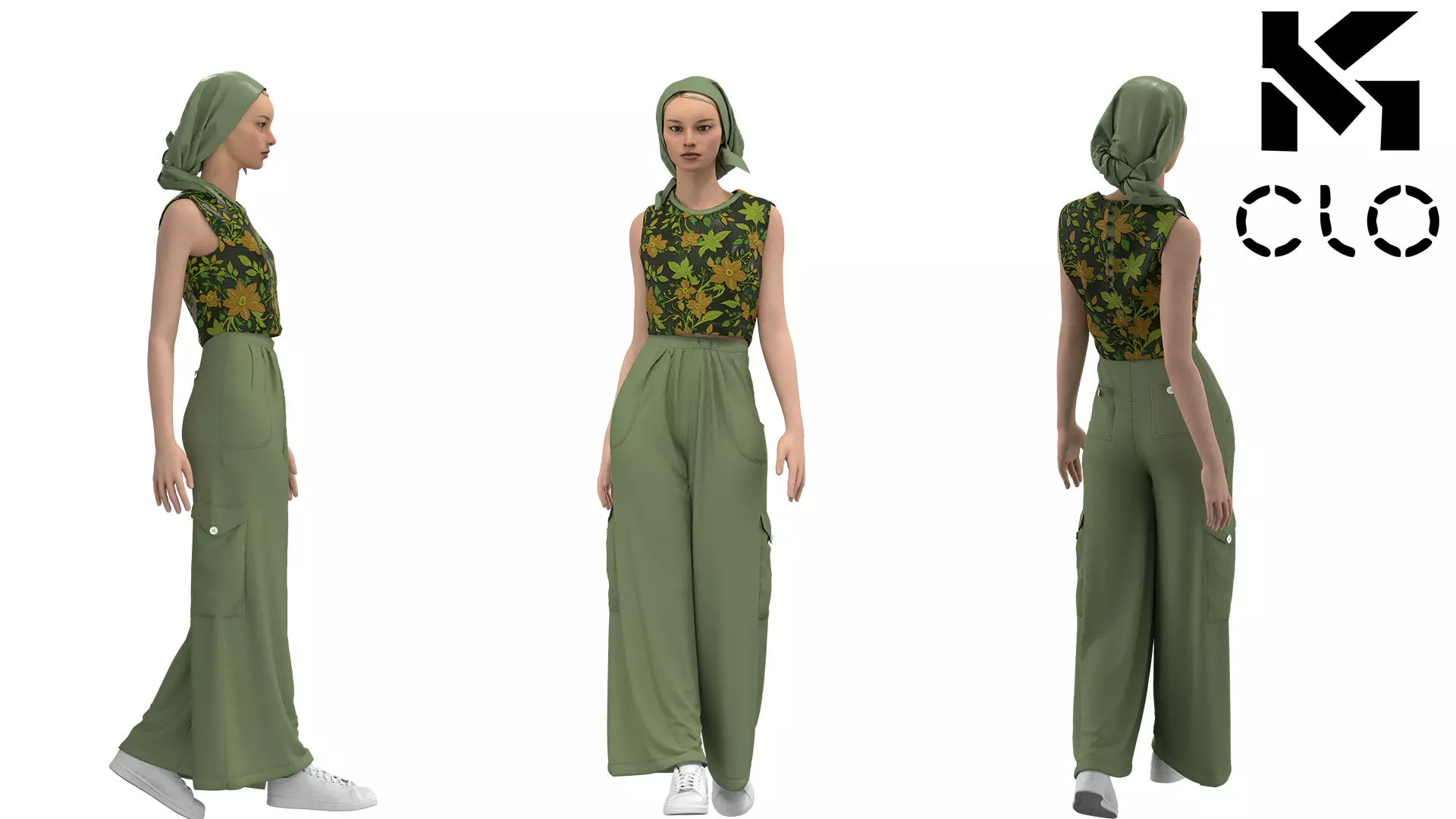 Floral Sleeveless Top with a Head cover scarf and Pants Clo3d 3D model