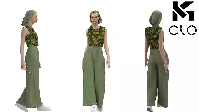 Floral Sleeveless Top with a Head cover scarf and Pants Clo3d
