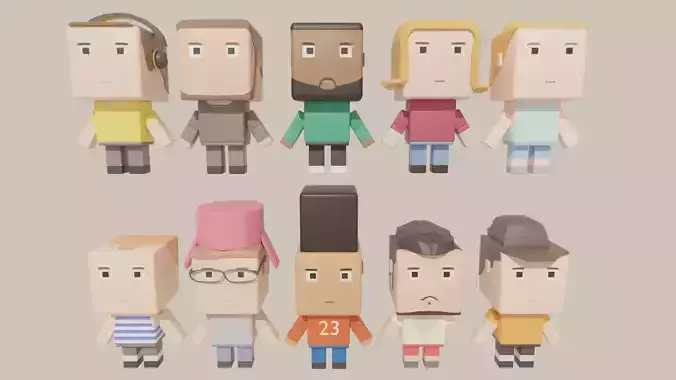 Cubic Cartoon Characters Low-poly 3D model