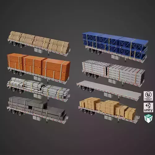 Flatbed Trailer with 7 Loads Single Mat All PBR Unity UE Low-poly 3D model