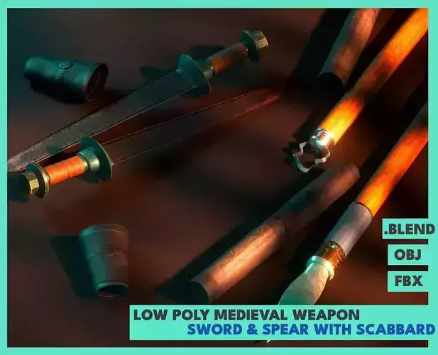 Low Poly Medieval Weapon Sword and Spear with Scabbard Low-poly 3D model