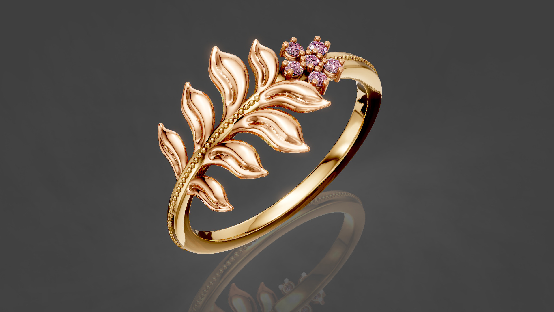 Leaf Diamond Ring with high quality renders 3D print model_1