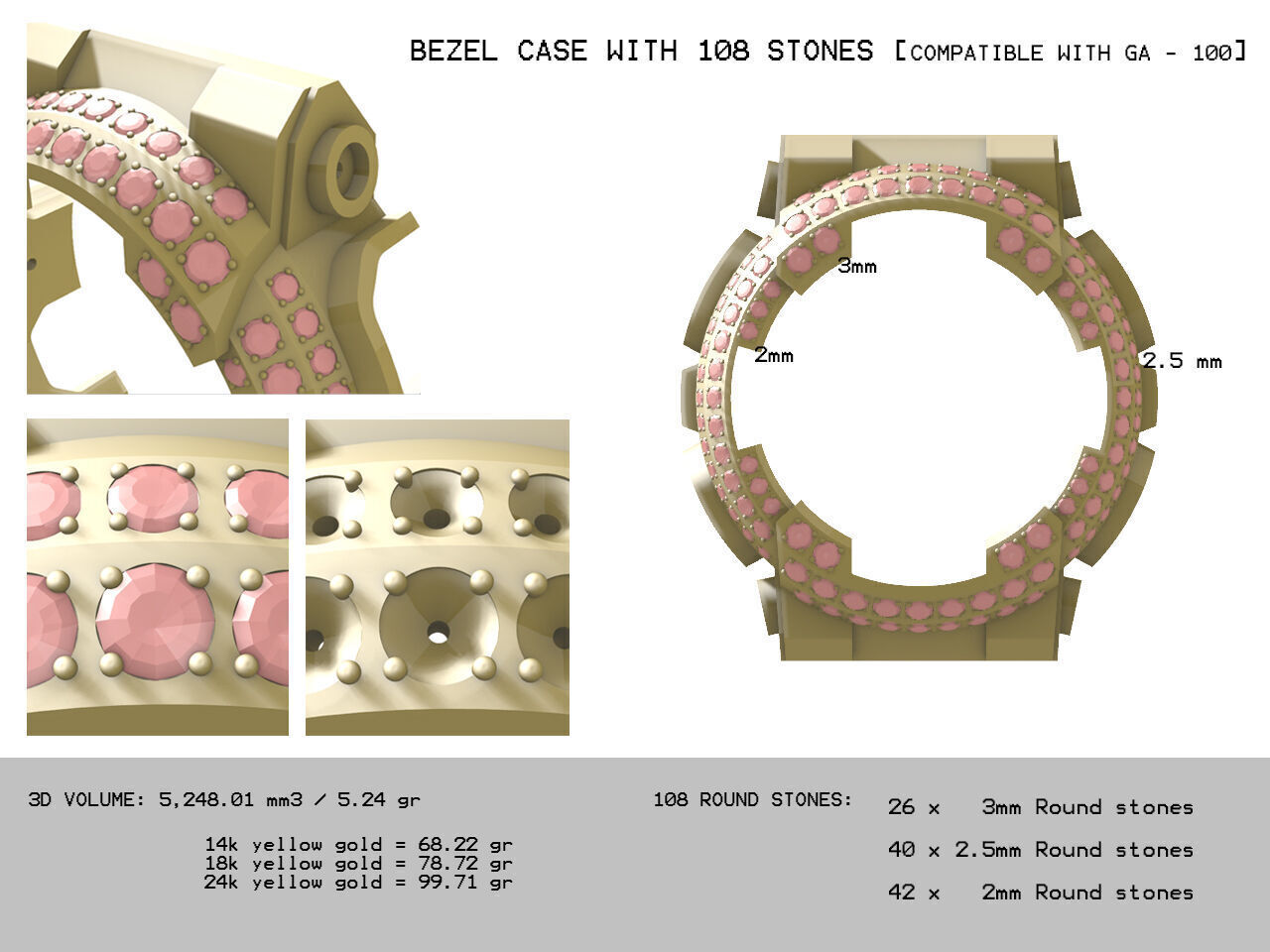 Watch Bezel with 108 Stones Compatible with GA 100 3D print model_1