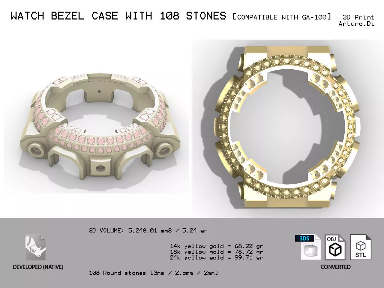 Watch Bezel with 108 Stones Compatible with GA 100 3D print model_0