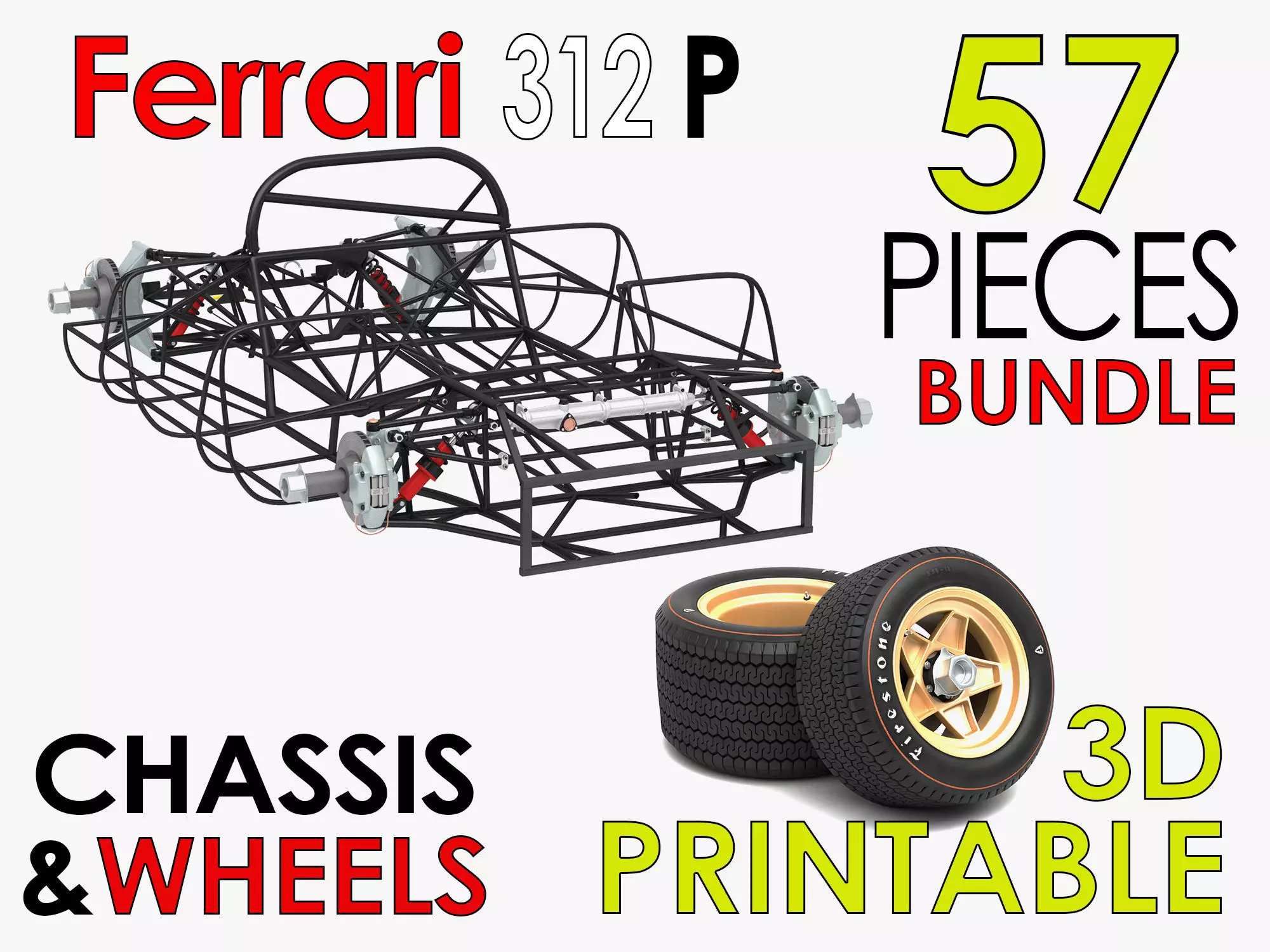 Ferrari 312 P Chassis Frame Undercarriage - Wheels Pack Bundle 3D Model Collection_0