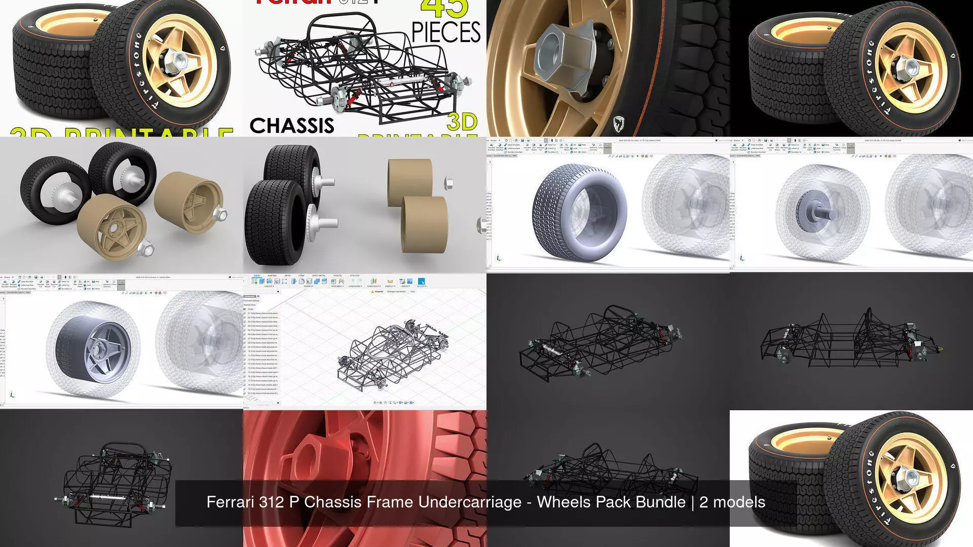 Ferrari 312 P Chassis Frame Undercarriage - Wheels Pack Bundle 3D Model Collection_1