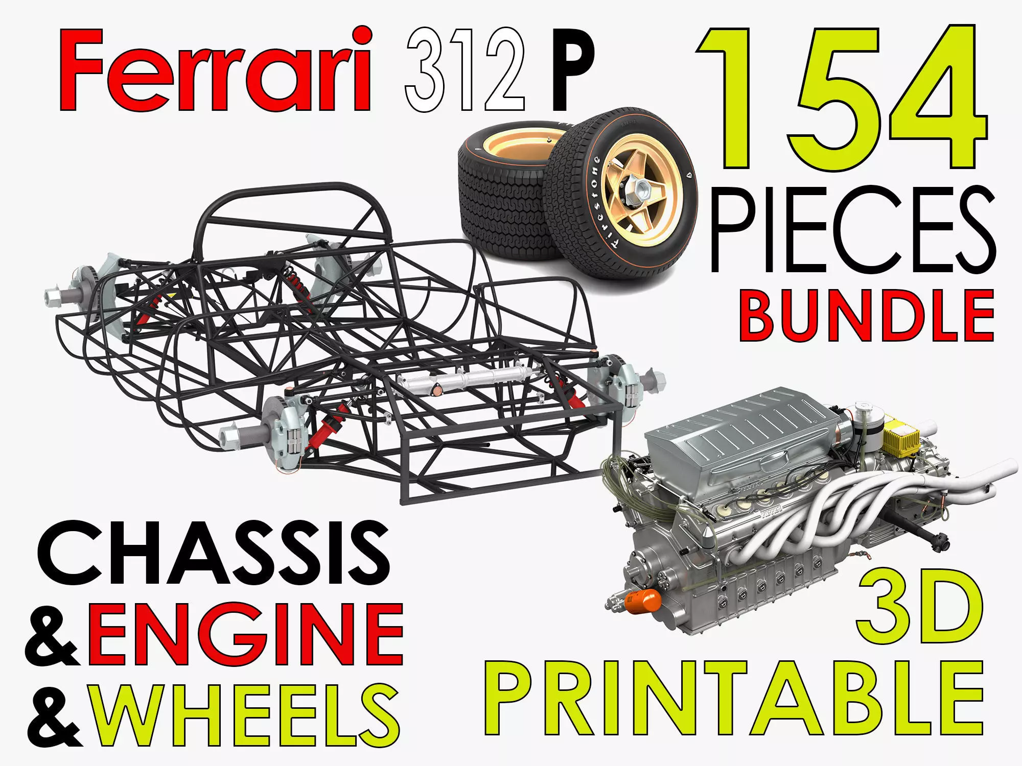 Ferrari 312 P Chassis Frame - Engine - Wheels Pack Bundle 3D Model Collection_0
