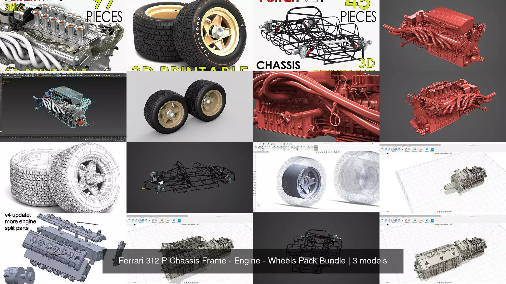 Ferrari 312 P Chassis Frame - Engine - Wheels Pack Bundle 3D Model Collection_2