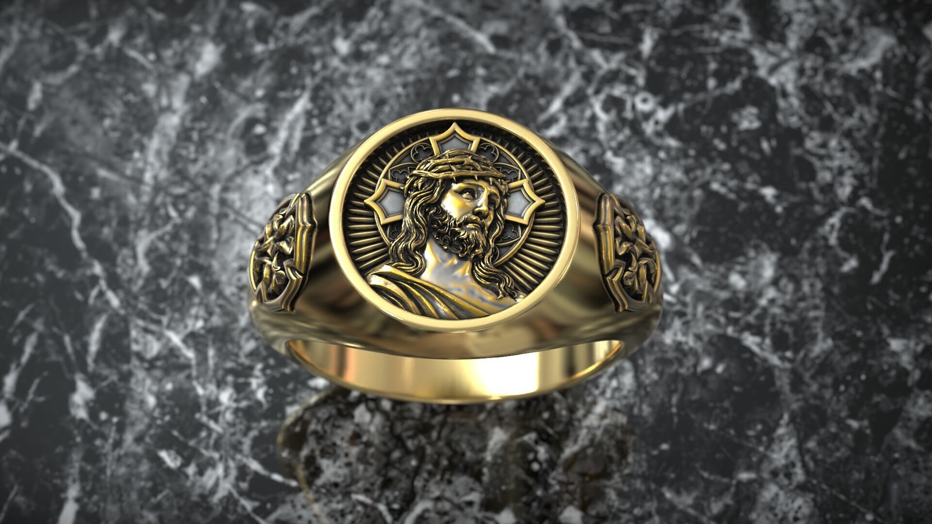 Jesus Christ Crown Thorn Cross Pattern Christian Solid Ring 3D print model_5