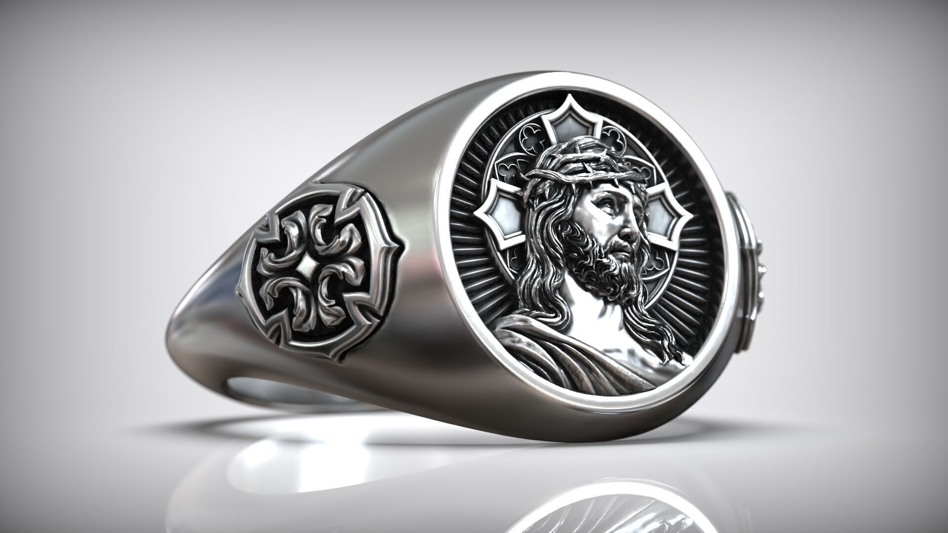 Jesus Christ Crown Thorn Cross Pattern Christian Solid Ring 3D print model_3