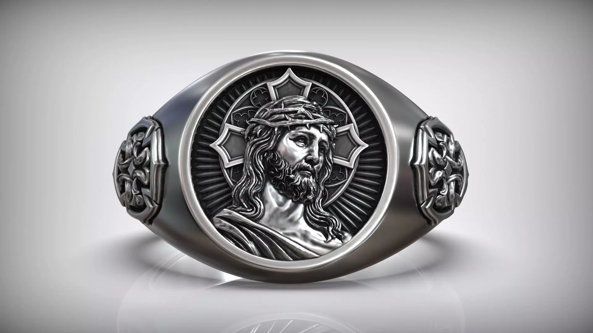 Jesus Christ Crown Thorn Cross Pattern Christian Solid Ring 3D print model_0