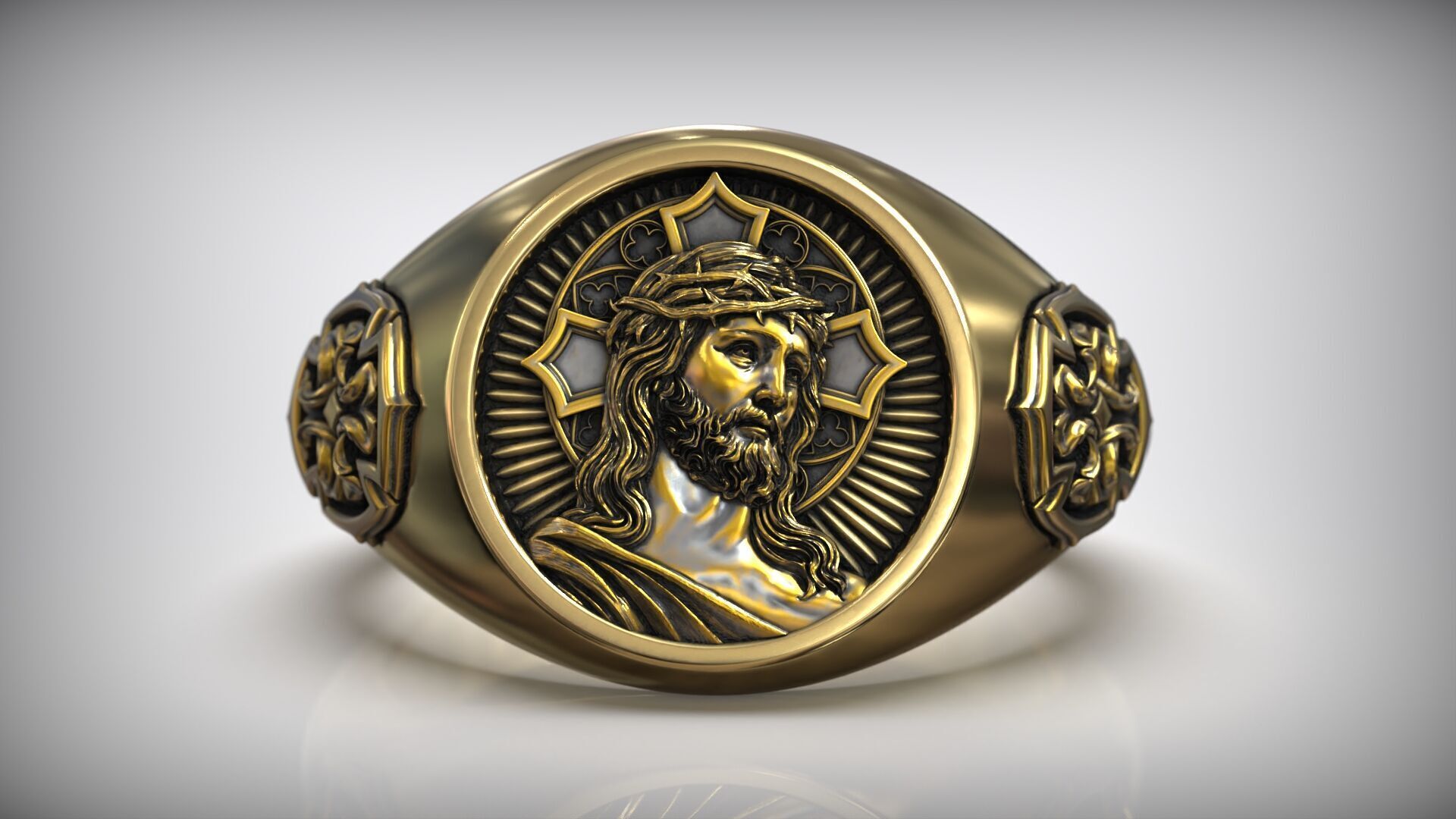 Jesus Christ Crown Thorn Cross Pattern Christian Solid Ring 3D print model_4