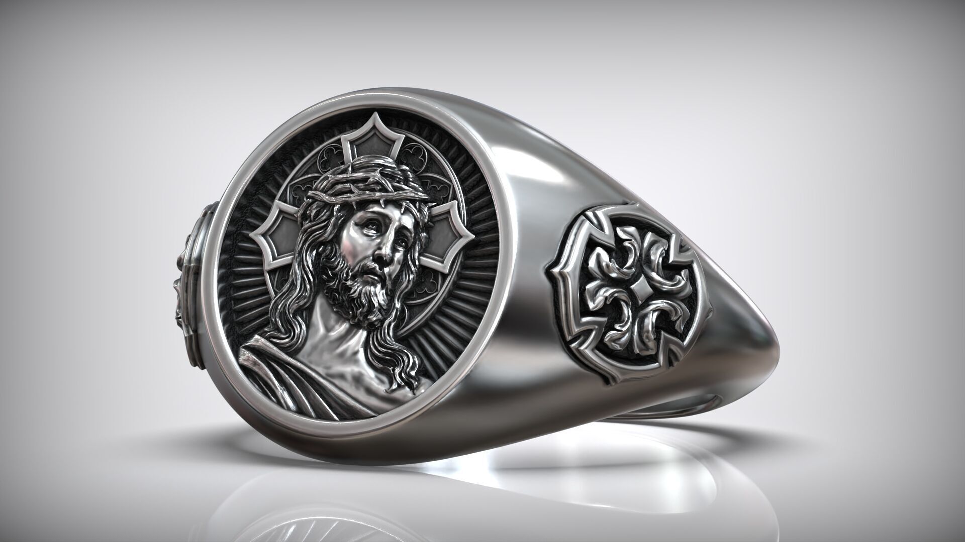 Jesus Christ Crown Thorn Cross Pattern Christian Solid Ring 3D print model_1