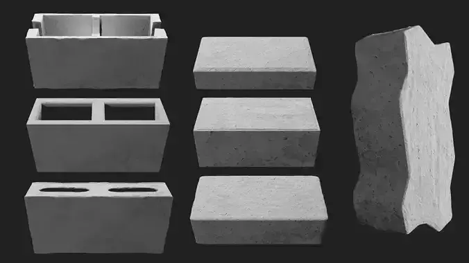 PACK 7 Concrete Blocks with Various Shapes  3D Model