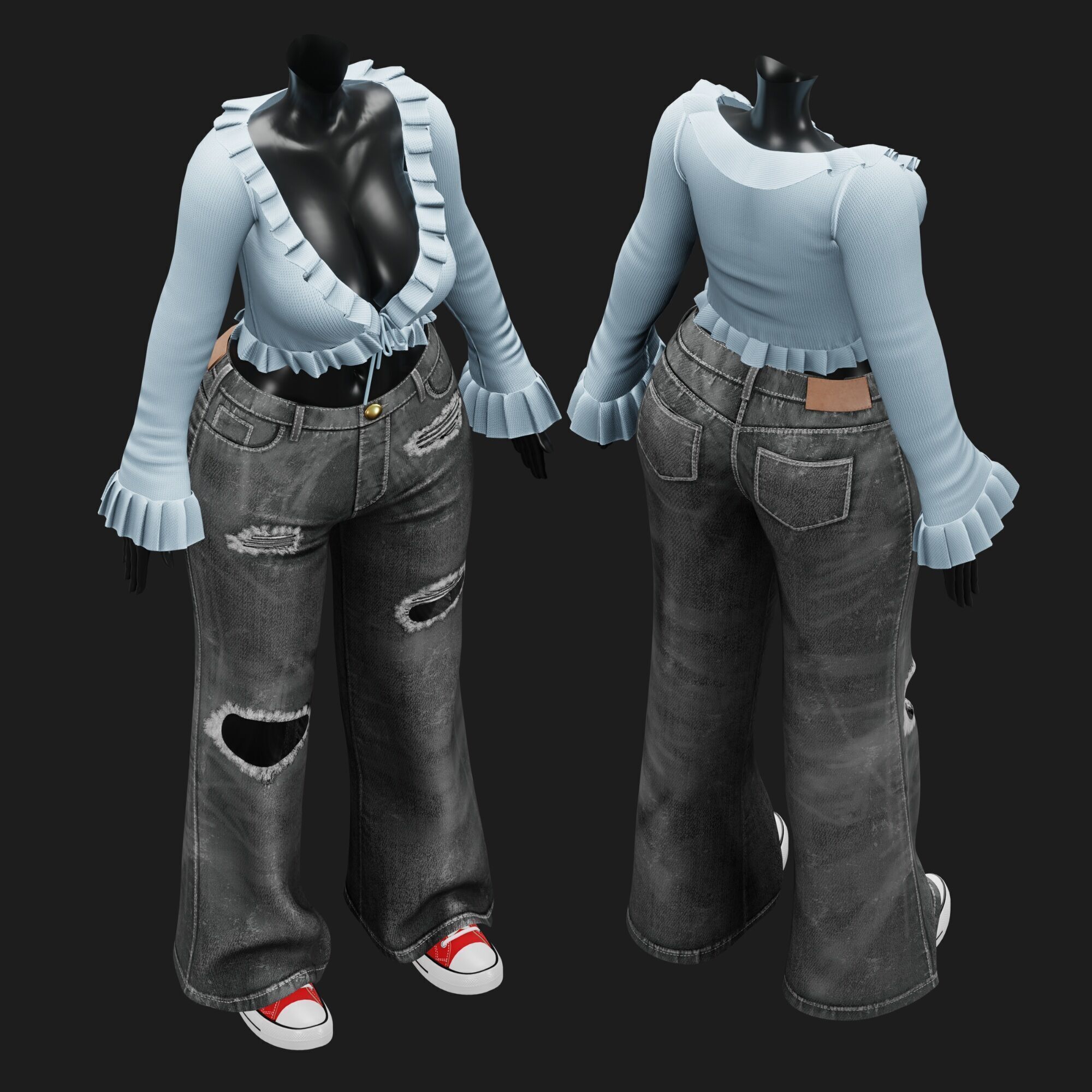 Womens Y2K 2000s Set - Pants and Blouse Low-poly 3D model_6