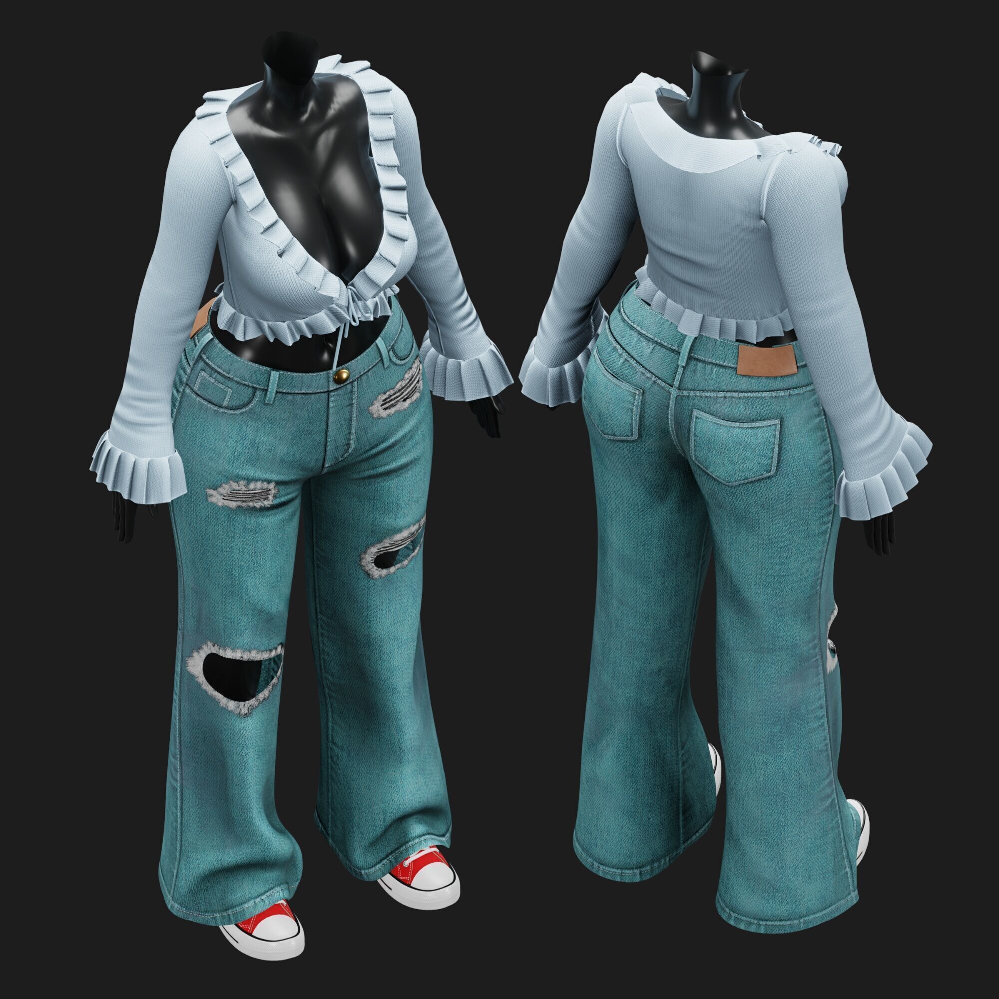 Womens Y2K 2000s Set - Pants and Blouse Low-poly 3D model_5