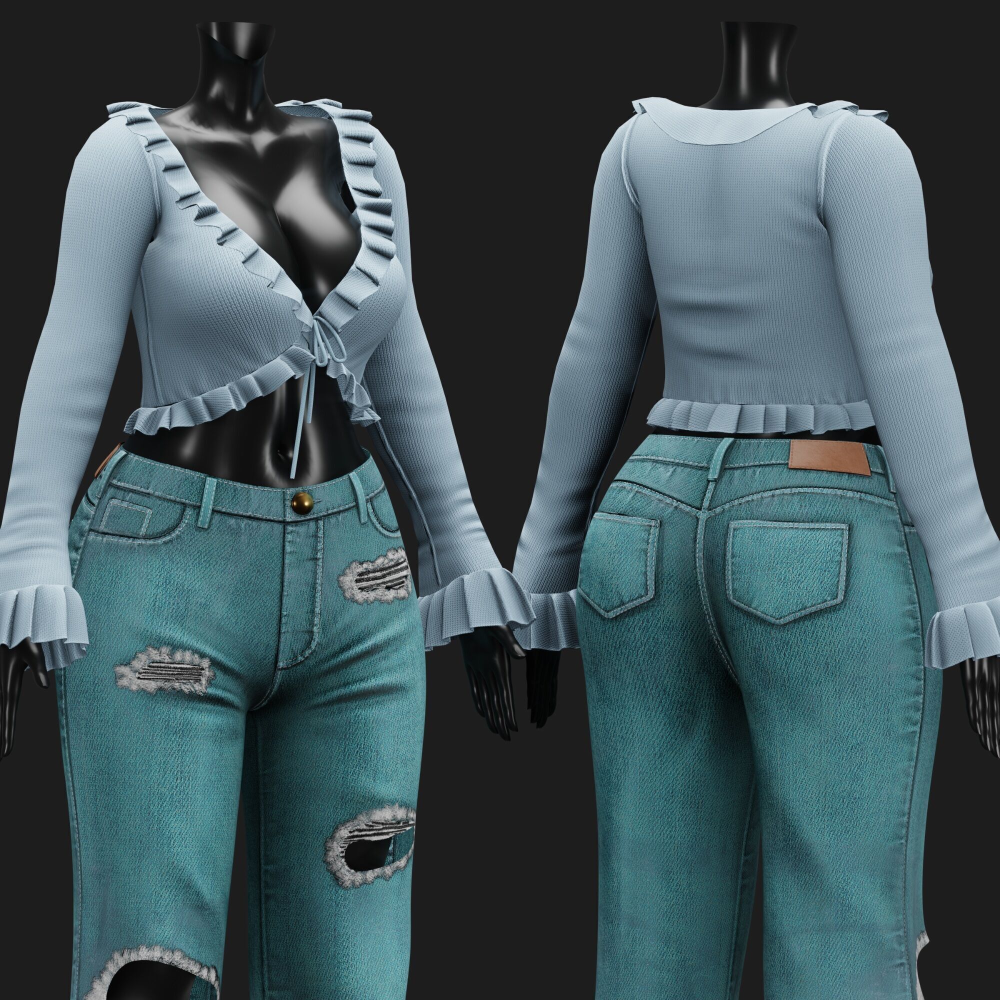 Womens Y2K 2000s Set - Pants and Blouse Low-poly 3D model_11