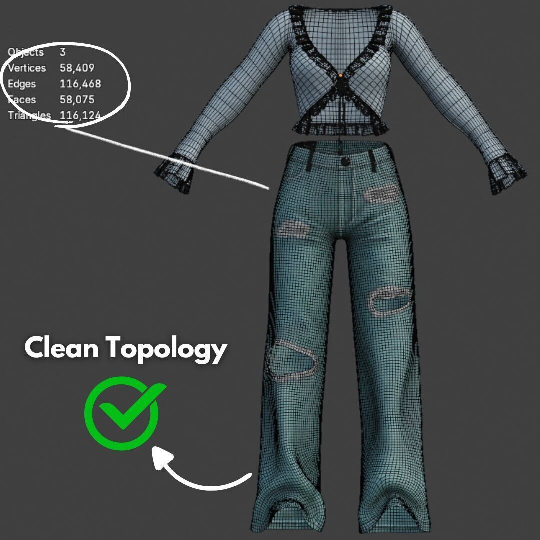 Womens Y2K 2000s Set - Pants and Blouse Low-poly 3D model_2