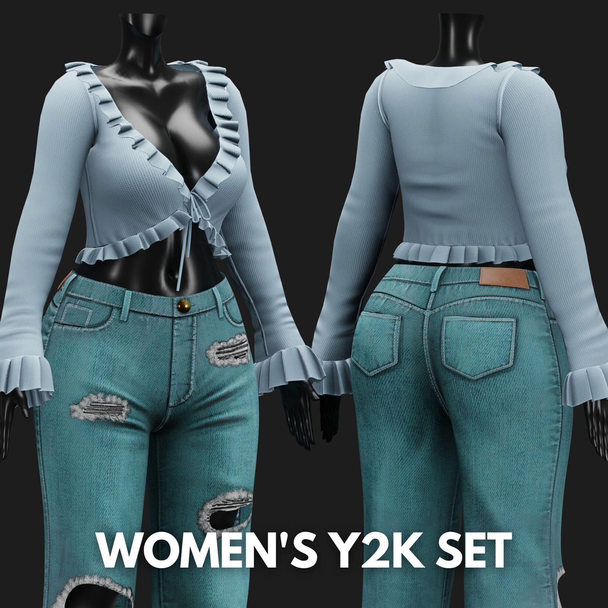 Womens Y2K 2000s Set - Pants and Blouse Low-poly 3D model_1