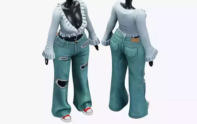 Womens Y2K 2000s Set - Pants and Blouse Low-poly 3D model