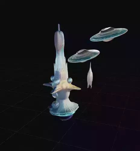 Statue of Futuristic Building and 2 UFOs