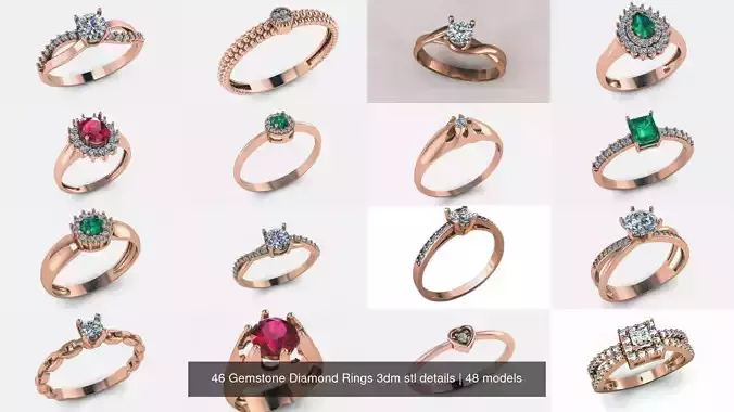 46 Gemstone Diamond Rings 3dm stl details
