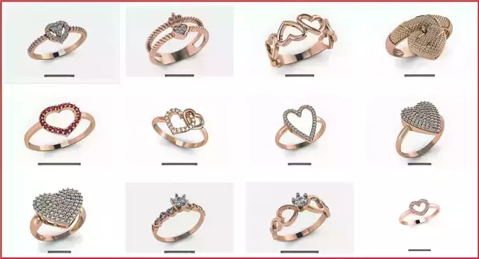 12 Heart Love Valentine Diamond Rings 3D Model Collection