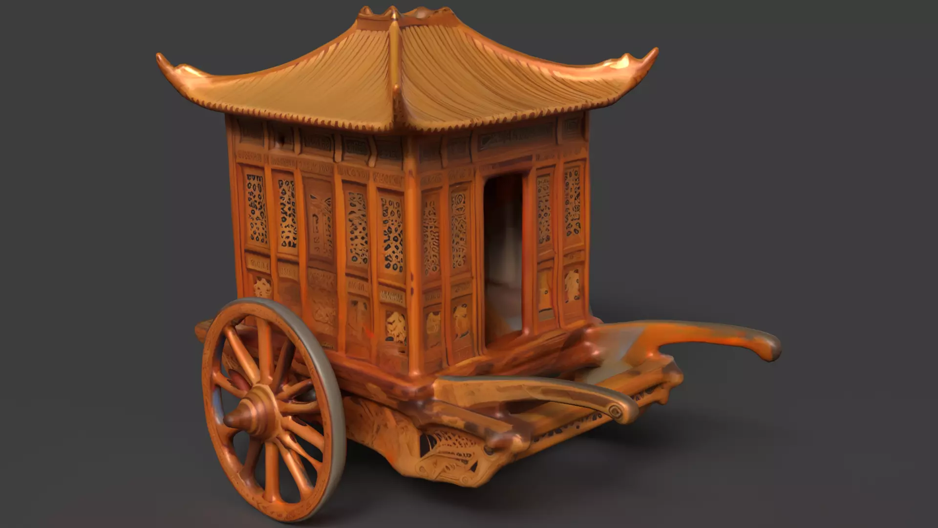 Chinese ancient wooden carriage Low-poly 3D model_0